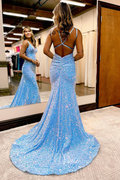 Shimmer Sequin Prom Dresses Mermaid Evening Dress Open Back FD3518-prom dresses 2025 -Viniodress-Light Blue-Custom Size-