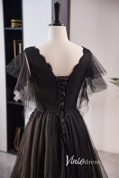 Shimmering Beaded Black Prom Dresses with V-Neck FD3538-prom dresses 2025 -Viniodress-Black-Custom Size-