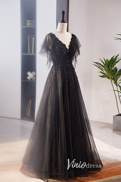 Shimmering Beaded Black Prom Dresses with V-Neck FD3538-prom dresses 2025 -Viniodress-Black-Custom Size-