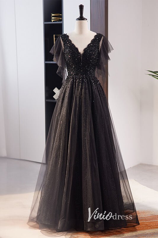 Shimmering Beaded Black Prom Dresses with V-Neck FD3538-prom dresses 2025 -Viniodress-Black-Custom Size-