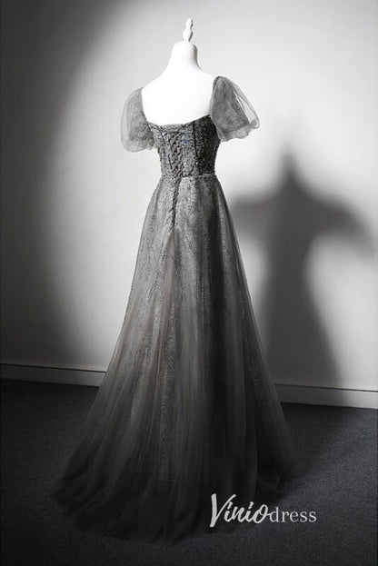 Shimmering Beaded Evening Dresses with Puffed Sleeve AD1025-prom dresses 2025 -Viniodress-Grey-Custom Size-