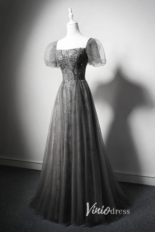 Shimmering Beaded Evening Dresses with Puffed Sleeve AD1025-prom dresses 2025 -Viniodress-Grey-Custom Size-