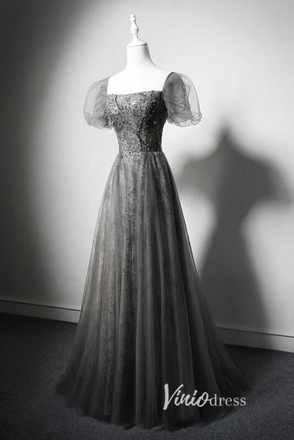 Shimmering Beaded Evening Dresses with Puffed Sleeve AD1025-prom dresses 2025 -Viniodress-Grey-Custom Size-