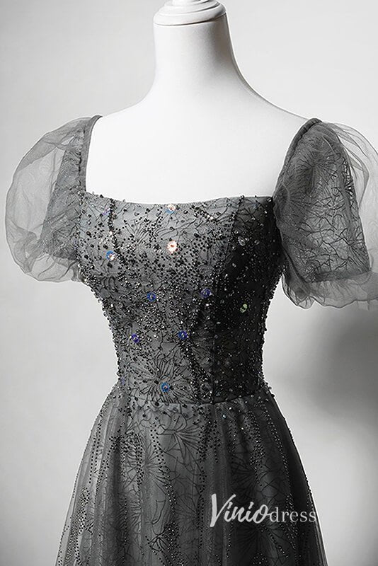 Shimmering Beaded Evening Dresses with Puffed Sleeve AD1025-prom dresses 2025 -Viniodress-Grey-Custom Size-