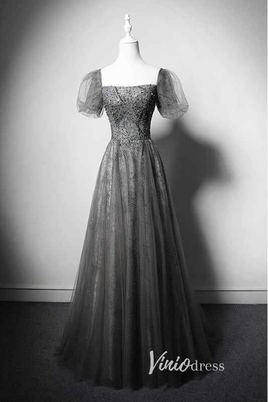 Shimmering Beaded Evening Dresses with Puffed Sleeve AD1025-prom dresses 2025 -Viniodress-Grey-Custom Size-