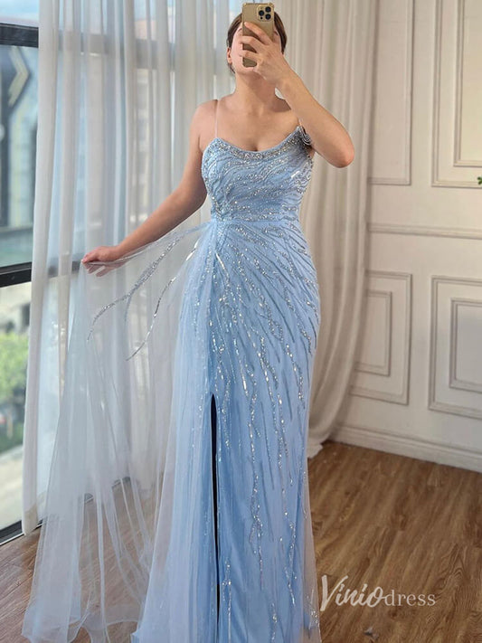 Shimmering Beaded Evening Dresses with Slit Mermaid Pageant Dress AD1134-Evening Dresses 2025 -Viniodress-Light Blue-US 2-