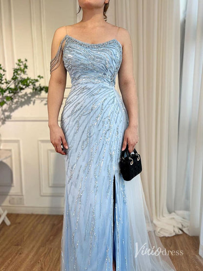 Shimmering Beaded Evening Dresses with Slit Mermaid Pageant Dress AD1134-Evening Dresses 2025 -Viniodress-Light Blue-US 2-