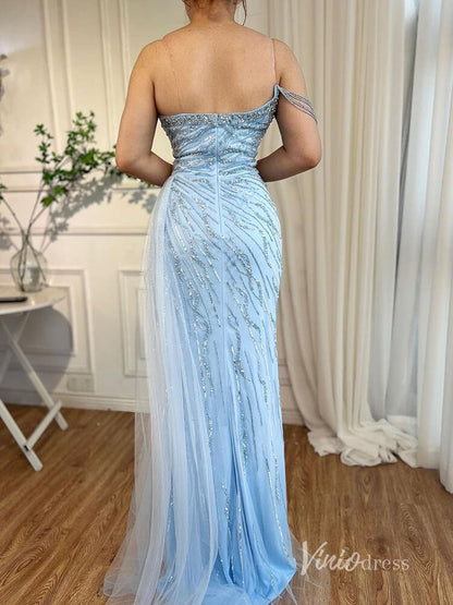 Shimmering Beaded Evening Dresses with Slit Mermaid Pageant Dress AD1134-Evening Dresses 2025 -Viniodress-Light Blue-US 2-