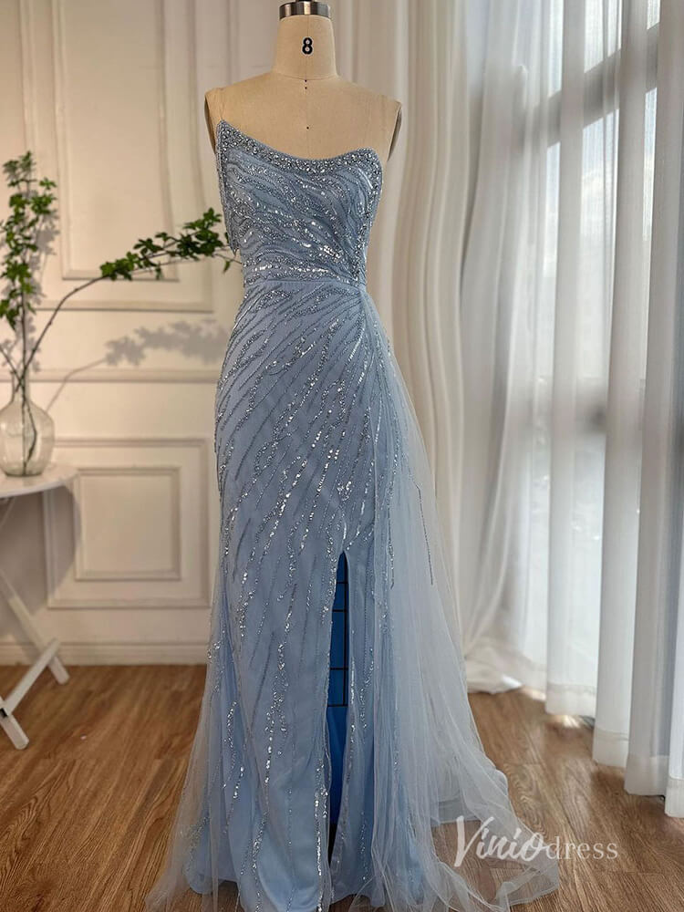 Shimmering Beaded Evening Dresses with Slit Mermaid Pageant Dress AD1134-Evening Dresses 2025 -Viniodress-Light Blue-US 2-
