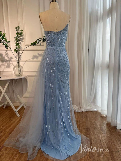 Shimmering Beaded Evening Dresses with Slit Mermaid Pageant Dress AD1134-Evening Dresses 2025 -Viniodress-Light Blue-US 2-
