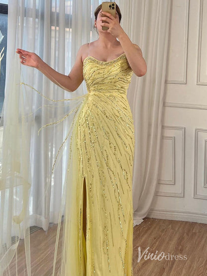 Shimmering Beaded Evening Dresses with Slit Mermaid Pageant Dress AD1134-Evening Dresses 2025 -Viniodress-Yellow-US 2-