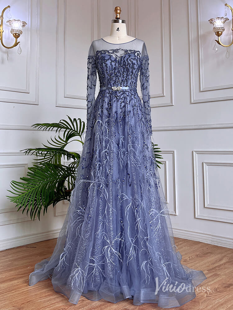 Shimmering Beaded Long Sleeve Evening Dresses with Feathers A-Line Formal Dress AD1138-Evening Dresses 2025 -Viniodress-Blue-US 2-