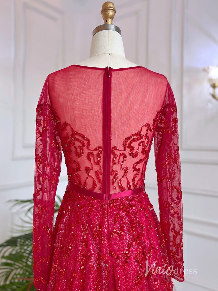 Shimmering Beaded Long Sleeve Evening Dresses with Feathers A-Line Formal Dress AD1138-Evening Dresses 2025 -Viniodress-Champagne-US 2-