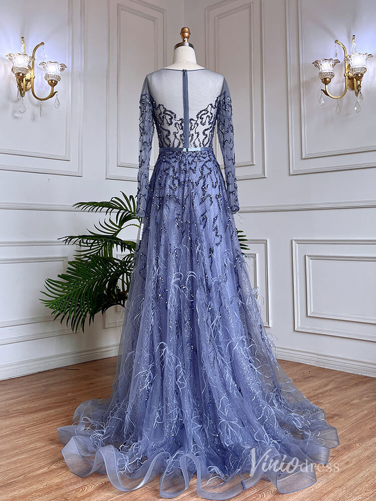 Shimmering Beaded Long Sleeve Evening Dresses with Feathers A-Line Formal Dress AD1138-Evening Dresses 2025 -Viniodress-Champagne-US 2-