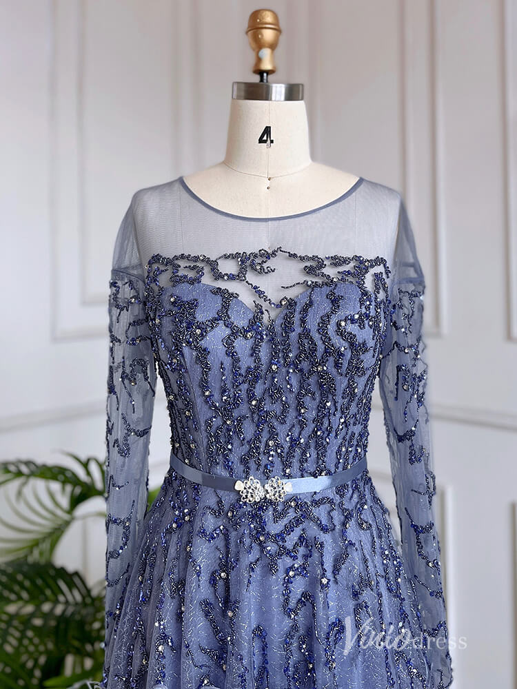 Shimmering Beaded Long Sleeve Evening Dresses with Feathers A-Line Formal Dress AD1138-Evening Dresses 2025 -Viniodress-Champagne-US 2-