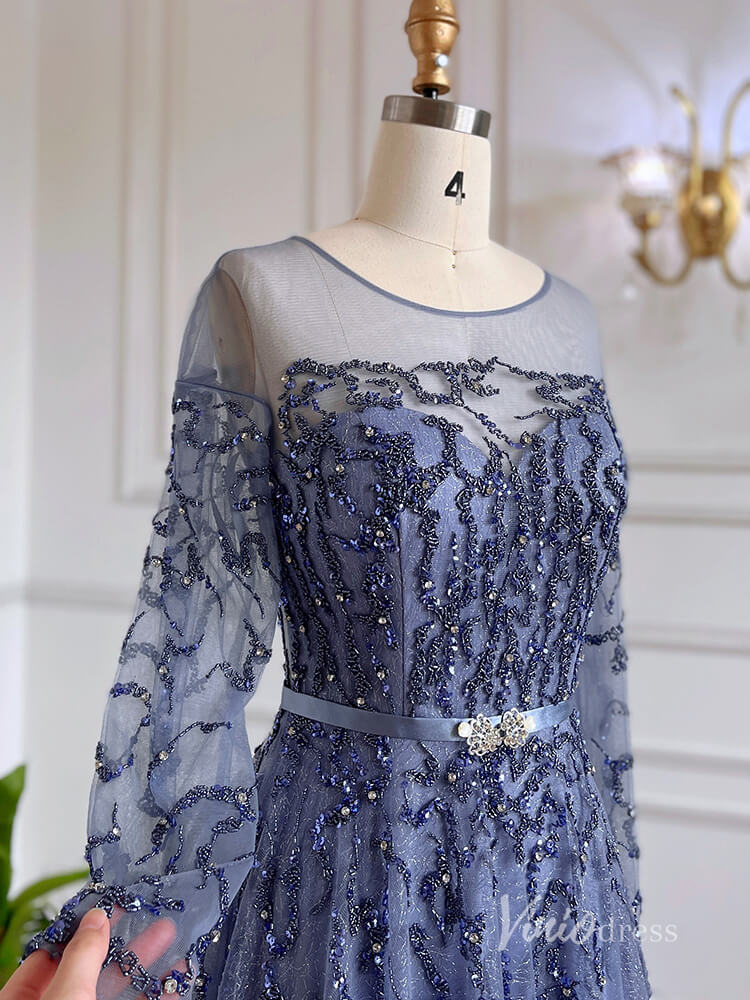 Shimmering Beaded Long Sleeve Evening Dresses with Feathers A-Line Formal Dress AD1138-Evening Dresses 2025 -Viniodress-Champagne-US 2-