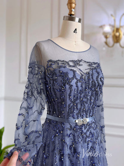 Shimmering Beaded Long Sleeve Evening Dresses with Feathers A-Line Formal Dress AD1138-Evening Dresses 2025 -Viniodress-Champagne-US 2-