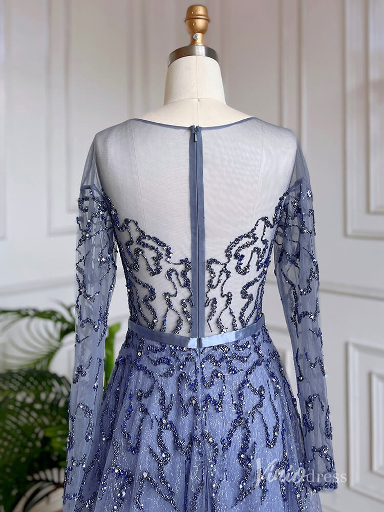 Shimmering Beaded Long Sleeve Evening Dresses with Feathers A-Line Formal Dress AD1138-Evening Dresses 2025 -Viniodress-Champagne-US 2-