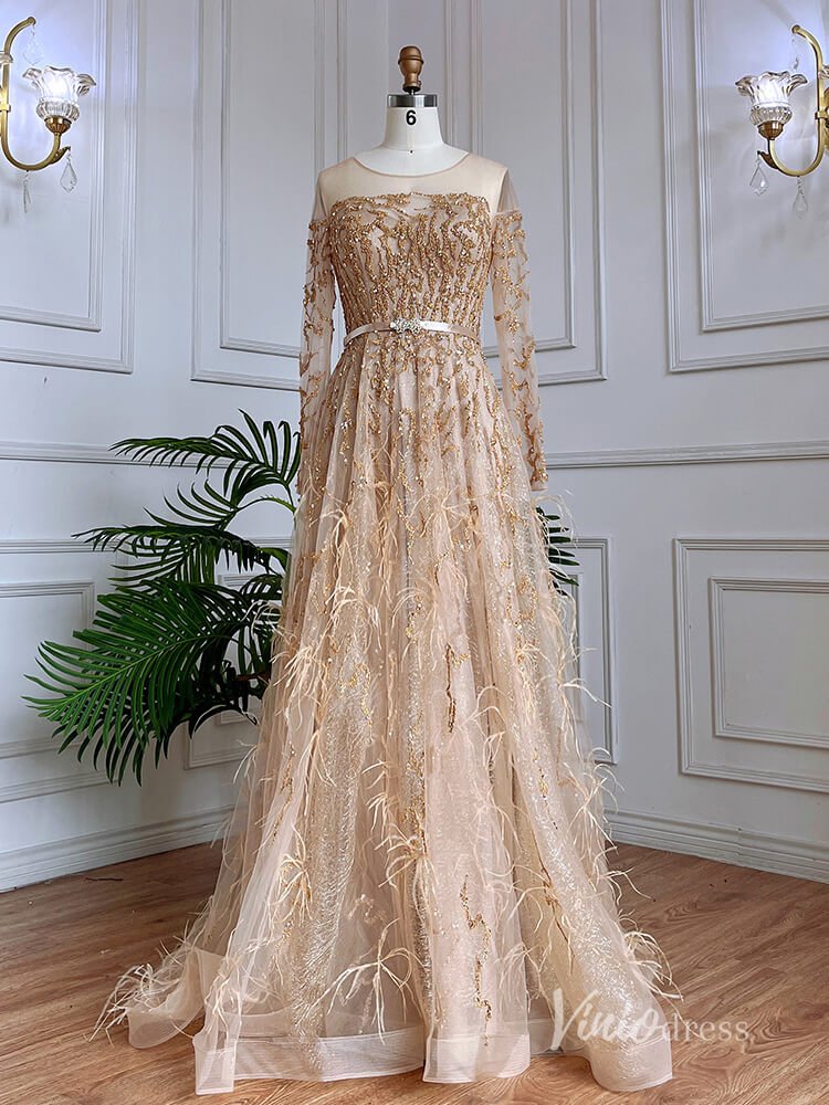 Shimmering Beaded Long Sleeve Evening Dresses with Feathers A-Line Formal Dress AD1138-Evening Dresses 2025 -Viniodress-Champagne-US 2-