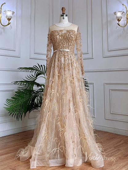 Shimmering Beaded Long Sleeve Evening Dresses with Feathers A-Line Formal Dress AD1138-Evening Dresses 2025 -Viniodress-Champagne-US 2-