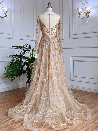 Shimmering Beaded Long Sleeve Evening Dresses with Feathers A-Line Formal Dress AD1138-Evening Dresses 2025 -Viniodress-Champagne-US 2-