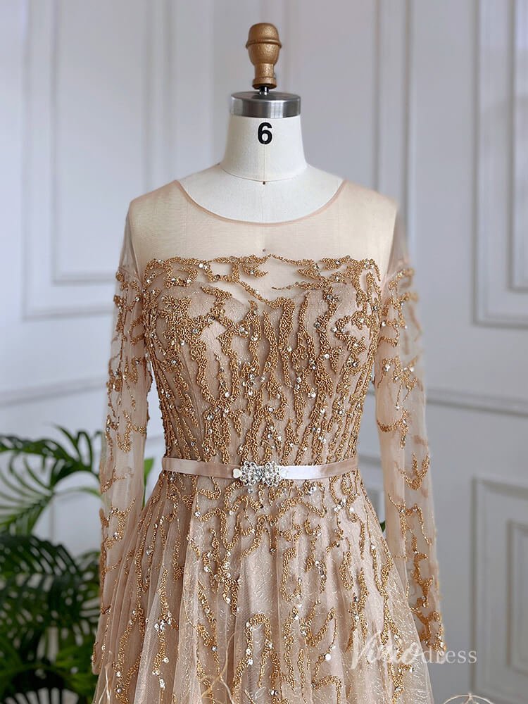Shimmering Beaded Long Sleeve Evening Dresses with Feathers A-Line Formal Dress AD1138-Evening Dresses 2025 -Viniodress-Champagne-US 2-