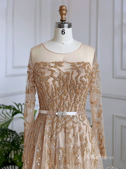 Shimmering Beaded Long Sleeve Evening Dresses with Feathers A-Line Formal Dress AD1138-Evening Dresses 2025 -Viniodress-Champagne-US 2-
