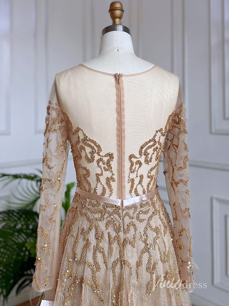 Shimmering Beaded Long Sleeve Evening Dresses with Feathers A-Line Formal Dress AD1138-Evening Dresses 2025 -Viniodress-Champagne-US 2-