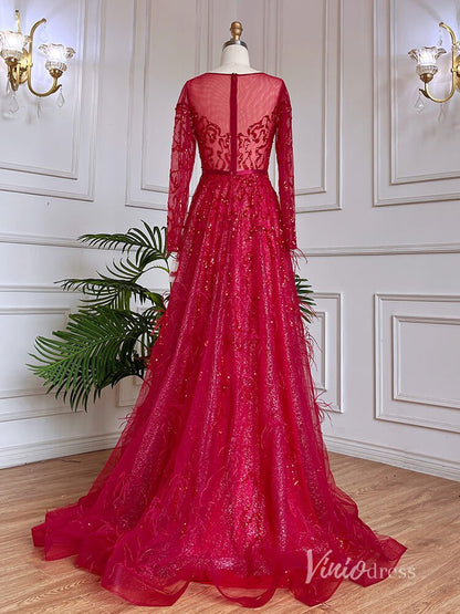 Shimmering Beaded Long Sleeve Evening Dresses with Feathers A-Line Formal Dress AD1138-Evening Dresses 2025 -Viniodress-Champagne-US 2-