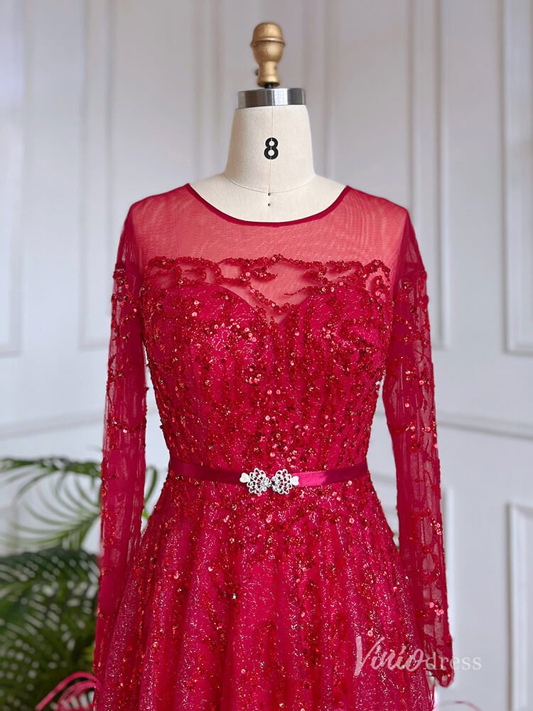 Shimmering Beaded Long Sleeve Evening Dresses with Feathers A-Line Formal Dress AD1138-Evening Dresses 2025 -Viniodress-Champagne-US 2-