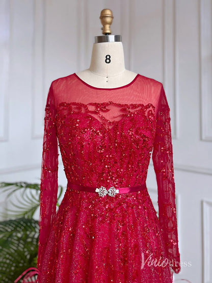 Shimmering Beaded Long Sleeve Evening Dresses with Feathers A-Line Formal Dress AD1138-Evening Dresses 2025 -Viniodress-Champagne-US 2-