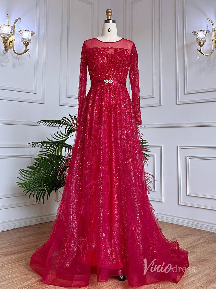Shimmering Beaded Long Sleeve Evening Dresses with Feathers A-Line Formal Dress AD1138-Evening Dresses 2025 -Viniodress-Red-US 2-