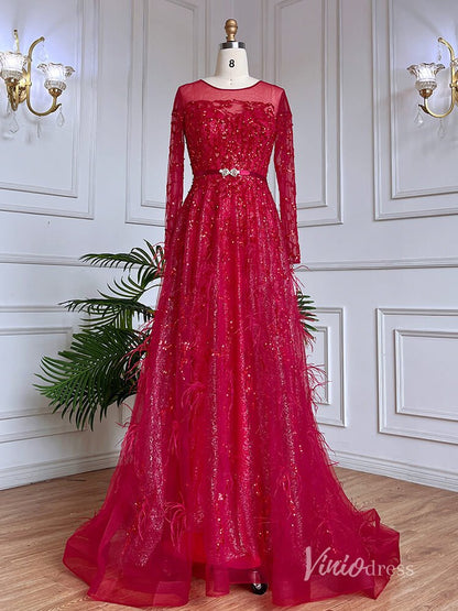 Shimmering Beaded Long Sleeve Evening Dresses with Feathers A-Line Formal Dress AD1138-Evening Dresses 2025 -Viniodress-Red-US 2-