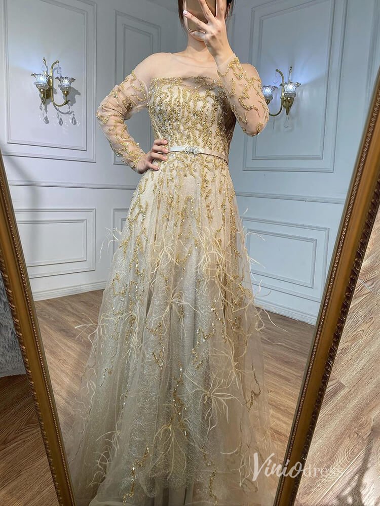 Shimmering Beaded Long Sleeve Evening Dresses with Feathers A-Line Formal Dress AD1138-Evening Dresses 2025 -Viniodress-Champagne-US 2-