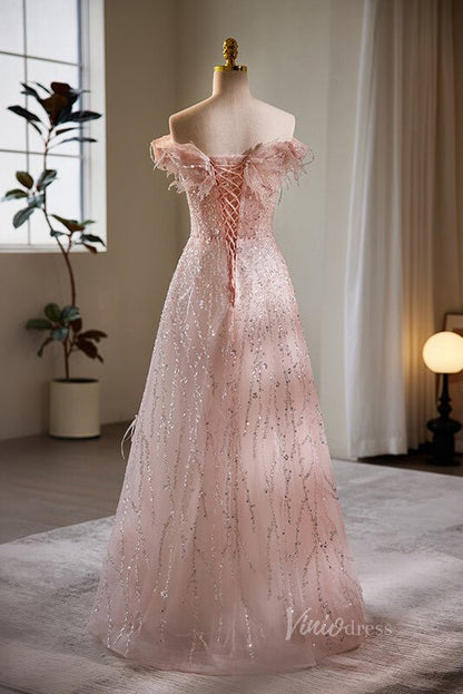 Shimmering Beaded Sequin Prom Dresses Off the Shoulder Evening Dress AD1089-Evening Dresses 2025 -Viniodress-Pink-Custom Size-