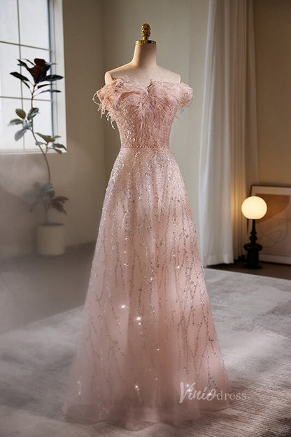Shimmering Beaded Sequin Prom Dresses Off the Shoulder Evening Dress AD1089-Evening Dresses 2025 -Viniodress-Pink-Custom Size-