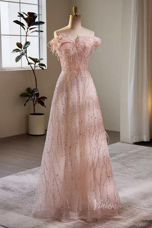 Shimmering Beaded Sequin Prom Dresses Off the Shoulder Evening Dress AD1089-Evening Dresses 2025 -Viniodress-Pink-Custom Size-