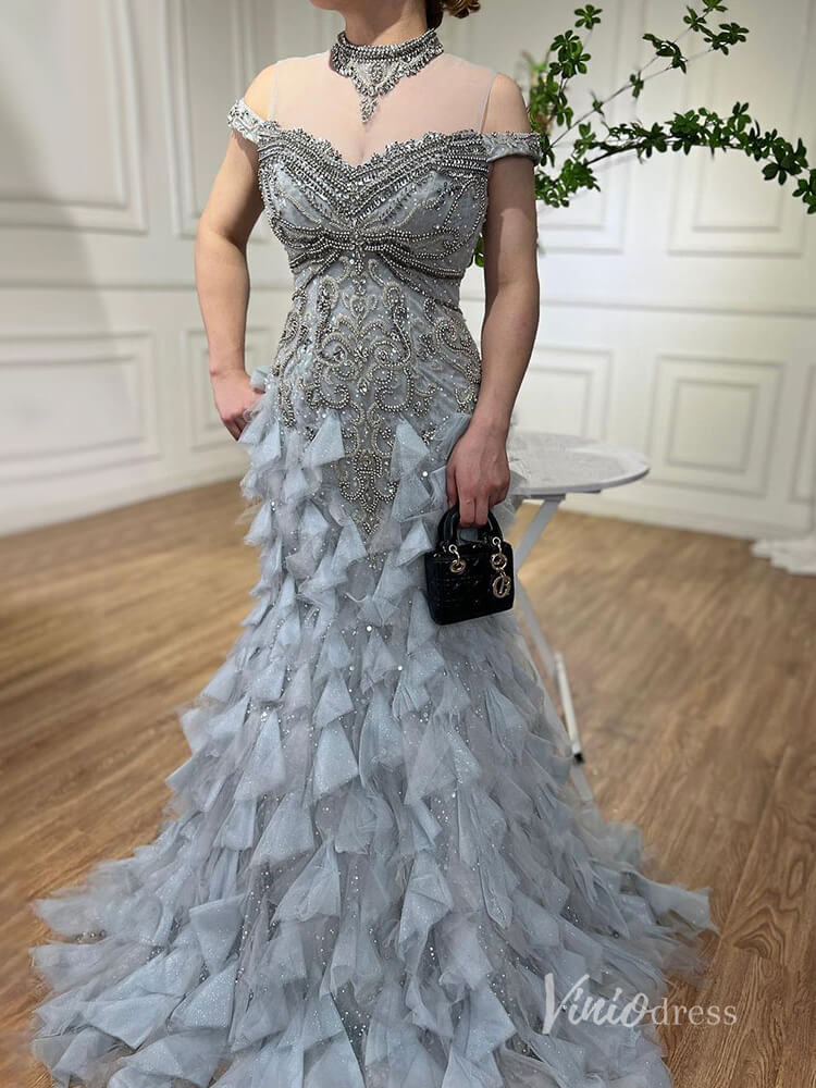 Shimmering Beaded Tiered Evening Dresses Mermaid High Neck Pageant Dress AD1141-Evening Dresses 2025 -Viniodress-Silver-US 2-