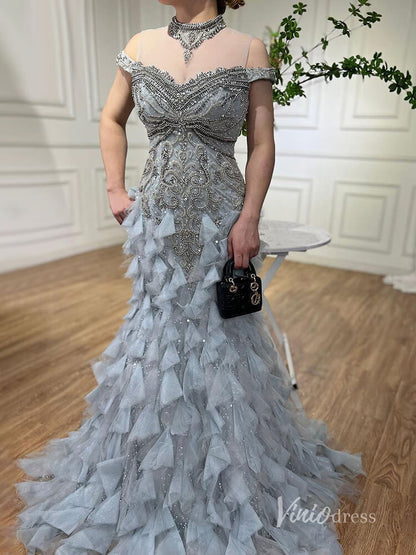 Shimmering Beaded Tiered Evening Dresses Mermaid High Neck Pageant Dress AD1141-Evening Dresses 2025 -Viniodress-Silver-US 2-