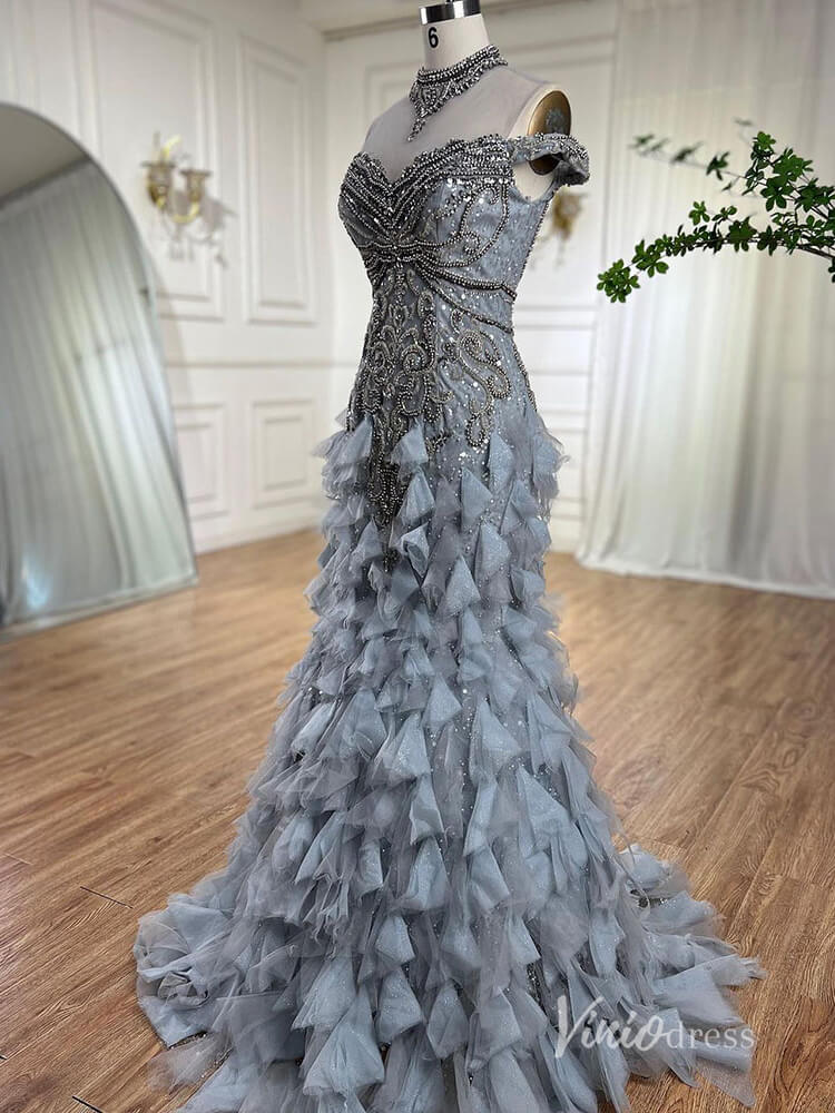 Shimmering Beaded Tiered Evening Dresses Mermaid High Neck Pageant Dress AD1141-Evening Dresses 2025 -Viniodress-Silver-US 2-