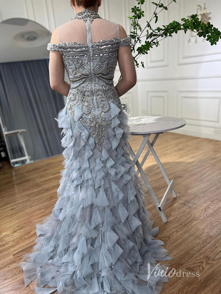 Shimmering Beaded Tiered Evening Dresses Mermaid High Neck Pageant Dress AD1141-Evening Dresses 2025 -Viniodress-Silver-US 2-