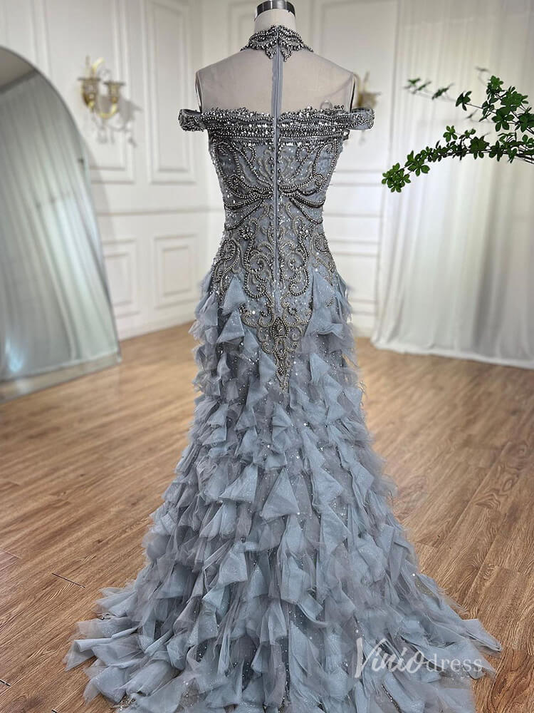 Shimmering Beaded Tiered Evening Dresses Mermaid High Neck Pageant Dress AD1141-Evening Dresses 2025 -Viniodress-Silver-US 2-