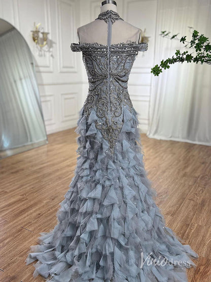 Shimmering Beaded Tiered Evening Dresses Mermaid High Neck Pageant Dress AD1141-Evening Dresses 2025 -Viniodress-Silver-US 2-
