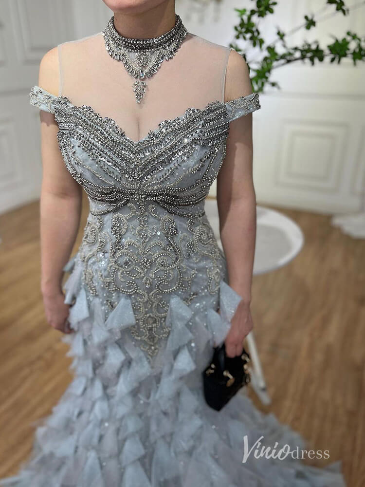 Shimmering Beaded Tiered Evening Dresses Mermaid High Neck Pageant Dress AD1141-Evening Dresses 2025 -Viniodress-Silver-US 2-
