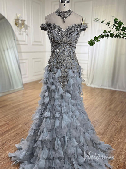Shimmering Beaded Tiered Evening Dresses Mermaid High Neck Pageant Dress AD1141-Evening Dresses 2025 -Viniodress-Silver-US 2-