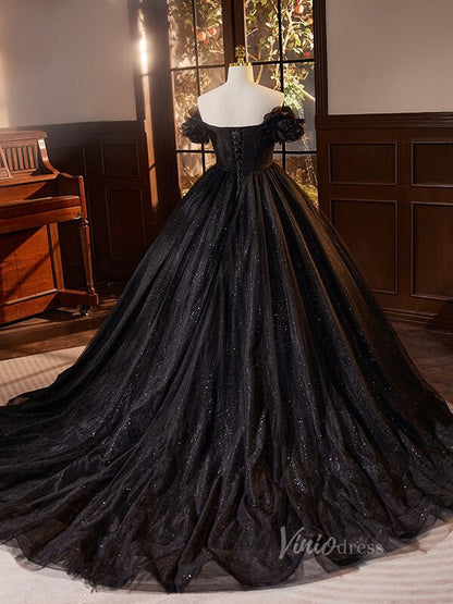 Shimmering Black Off the Shoulder Quinceanera Dresses Puffed Sleeve Ball Gown AD1062-Quinceanera Dresses 2025 -Viniodress-Black-Custom Size-