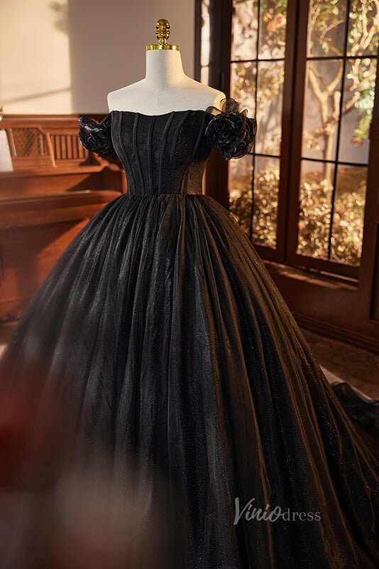 Shimmering Black Off the Shoulder Quinceanera Dresses Puffed Sleeve Ball Gown AD1062-Quinceanera Dresses 2025 -Viniodress-Black-Custom Size-