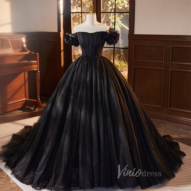 Shimmering Black Off the Shoulder Quinceanera Dresses Puffed Sleeve Ball Gown AD1062-Quinceanera Dresses 2025 -Viniodress-Black-Custom Size-