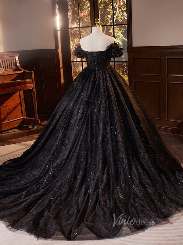 Shimmering Black Off the Shoulder Quinceanera Dresses Puffed Sleeve Ball Gown AD1062 - ViniodressQuinceanera DressesBlackCustom Size - Formal Dresses - Ball Gowns