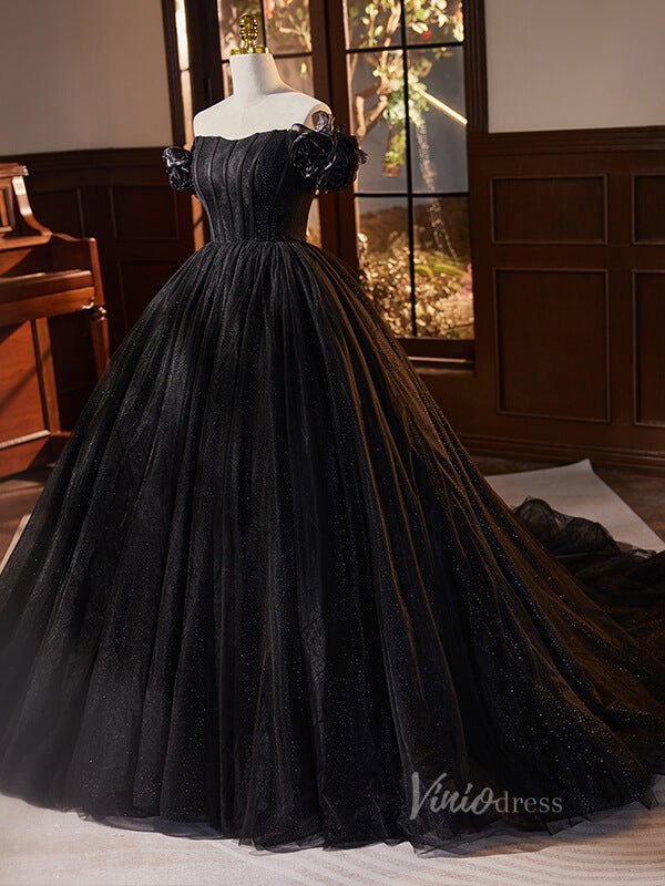 Shimmering Black Off the Shoulder Quinceanera Dresses Puffed Sleeve Ball Gown AD1062 - ViniodressQuinceanera DressesBlackCustom Size - Formal Dresses - Ball Gowns